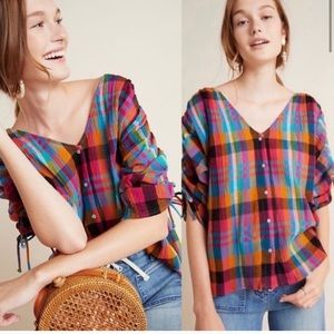 MAEVE Rainbow Plaid Ruffled Top